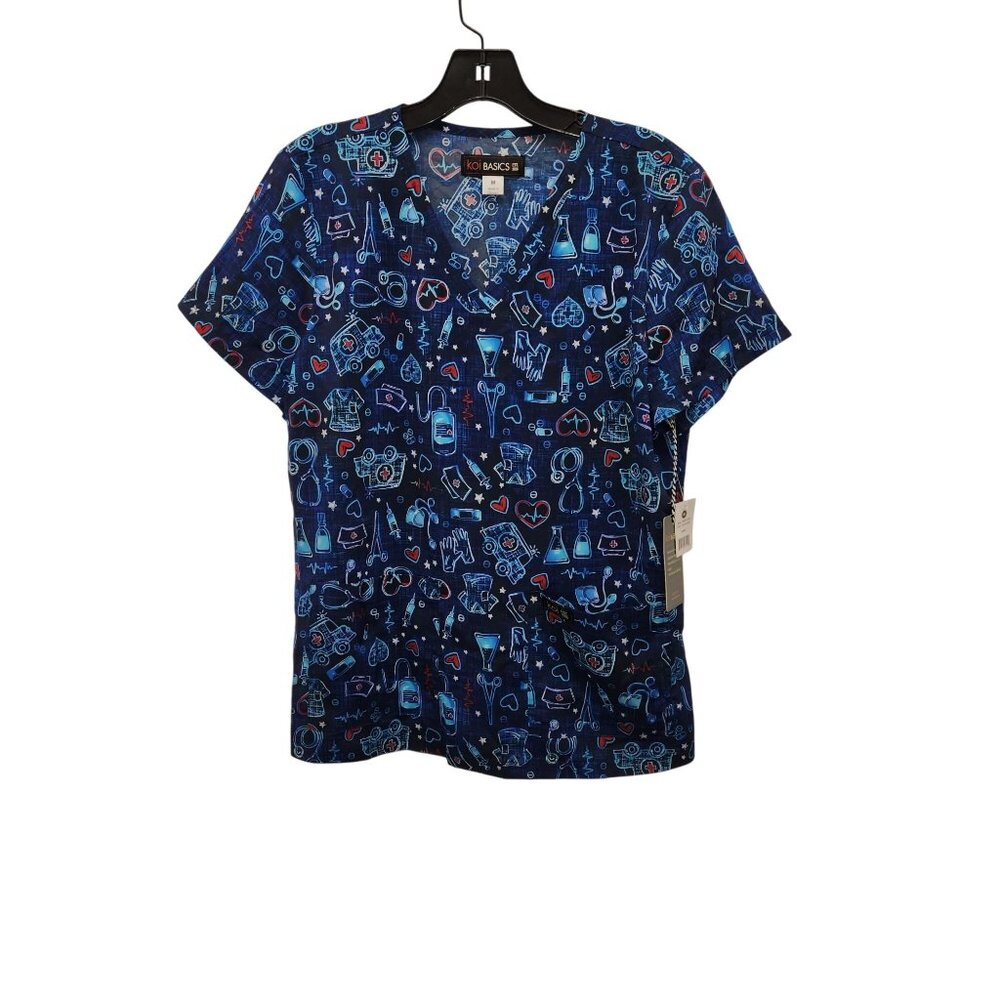 Koi Basics Leslie Medical Scrub Top M Blue Medical Print 4192